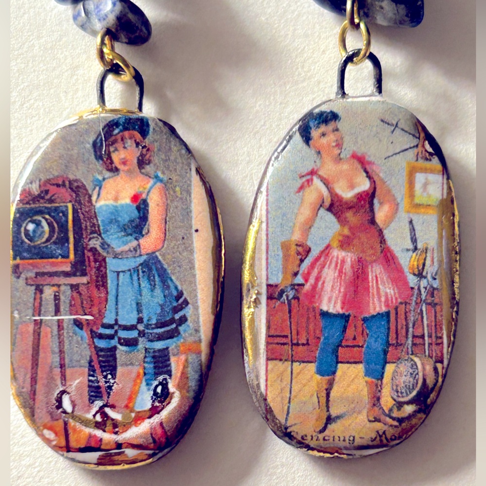 Earrings NWOT Artisan Naughty Victorian Ladies Ceramic Sodalite stone 3” pierced - Picture 2 of 11